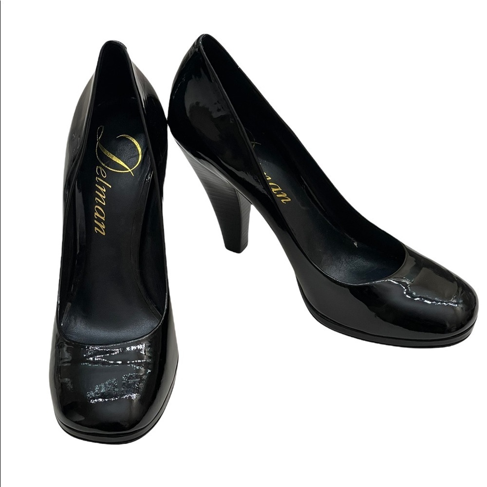 DELMAN black patent leather Bonnie heels size 8.5M - Picture 2 of 10
